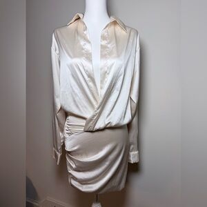 ✨ MABLE Satin Wrap Shirt Dress – Ivory / Champagne – Long Sleeve – Size M